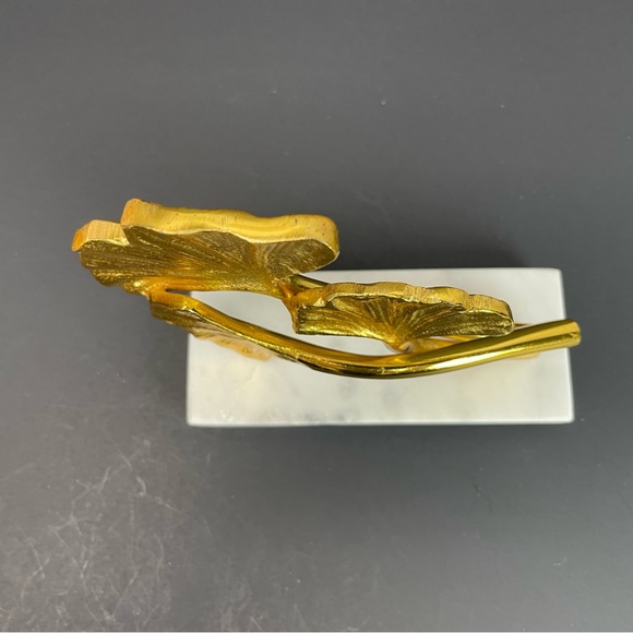 Sculpture 2 Leaf Ginko Gold Look Sculpture Modern Metal Leaves Marble Base - Picture 9 of 10